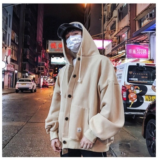 休閒街頭感 加絨 鈕扣連帽外套 3色-細節圖3