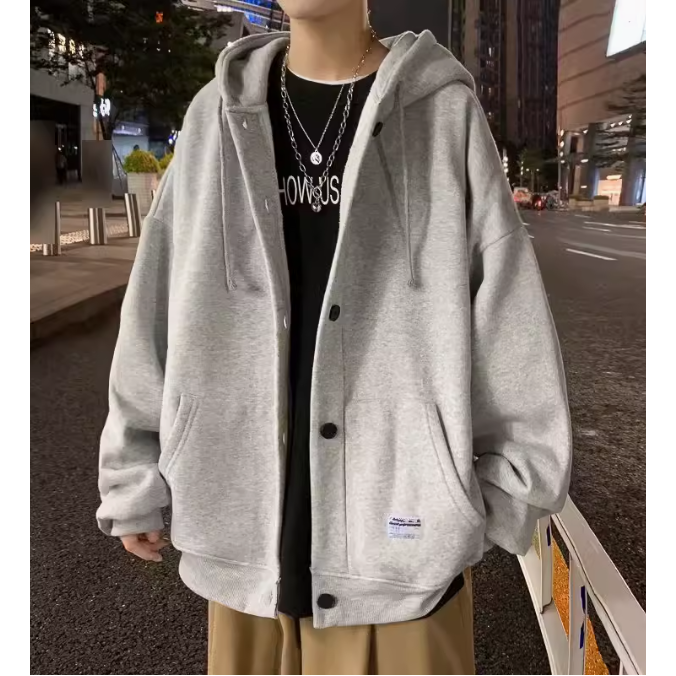 休閒街頭感 加絨 鈕扣連帽外套 3色-細節圖8