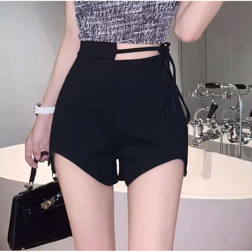 不規則綁帶 高腰彈性短褲-細節圖2