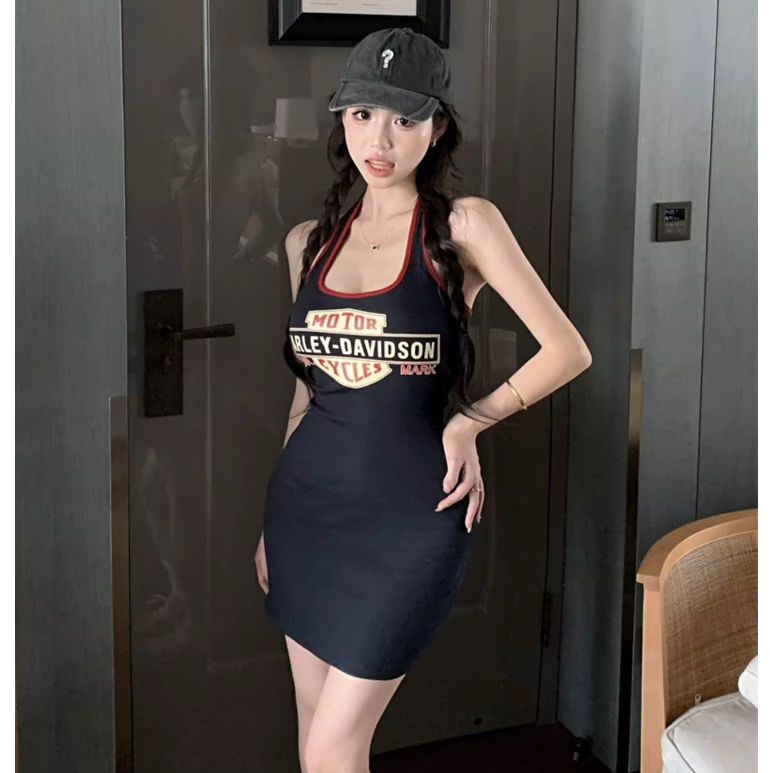 美式運動風 掛脖抹胸吊帶洋裝-細節圖5