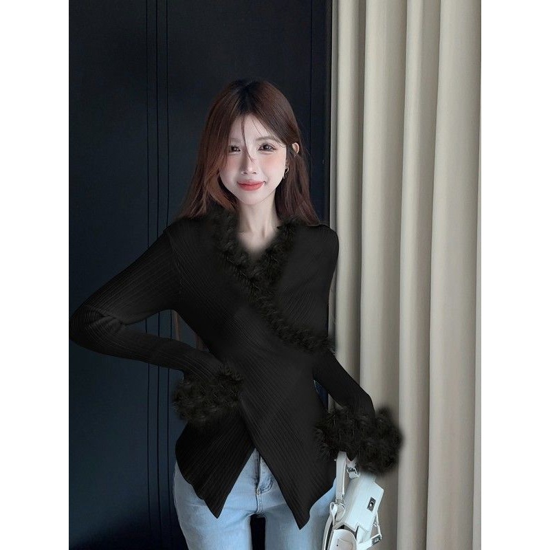 性感V領 毛毛拼接毛衣 2色-細節圖2