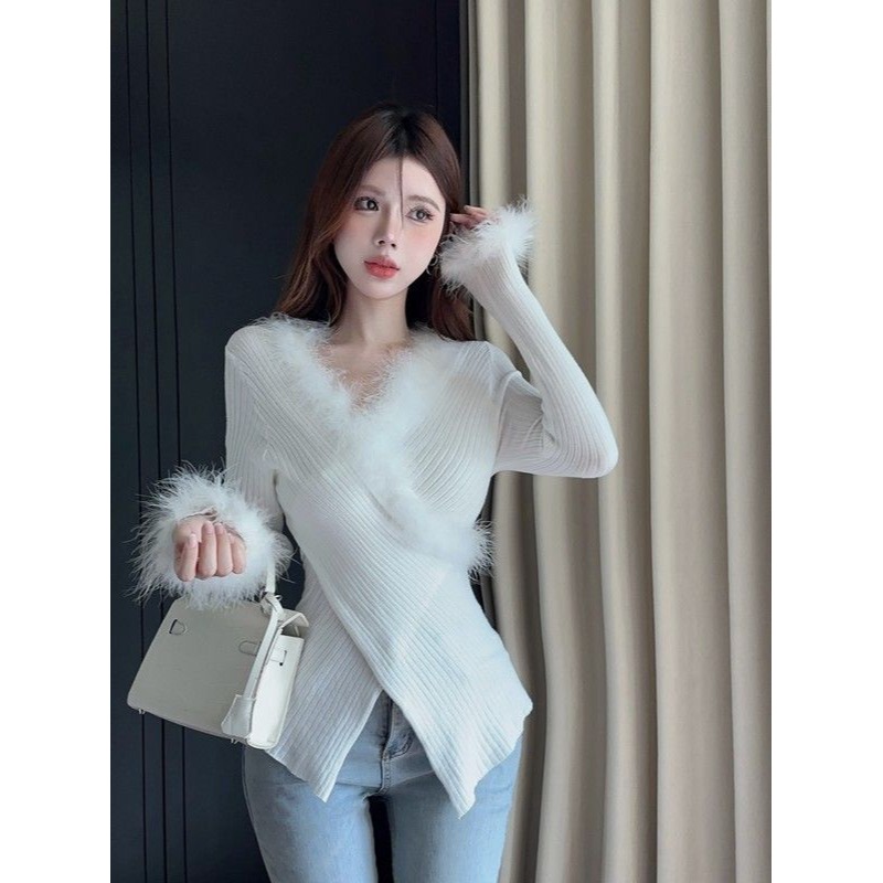 性感V領 毛毛拼接毛衣 2色-細節圖4