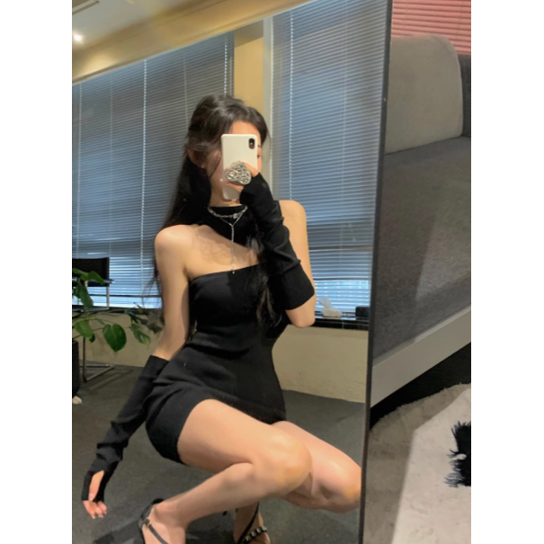 別緻獨特 半高領 收腰包臀裙 附袖套 2色-細節圖6