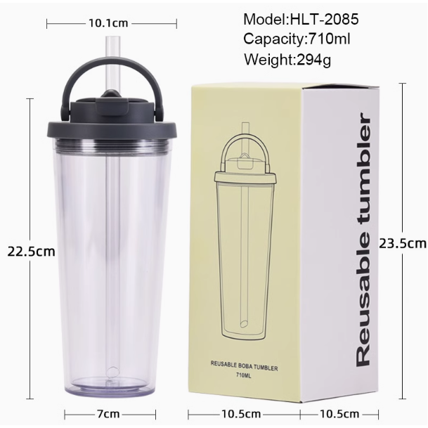 可吸大珍珠 便攜提把 雙飲水杯 透明雙層吸管杯 32色-細節圖4