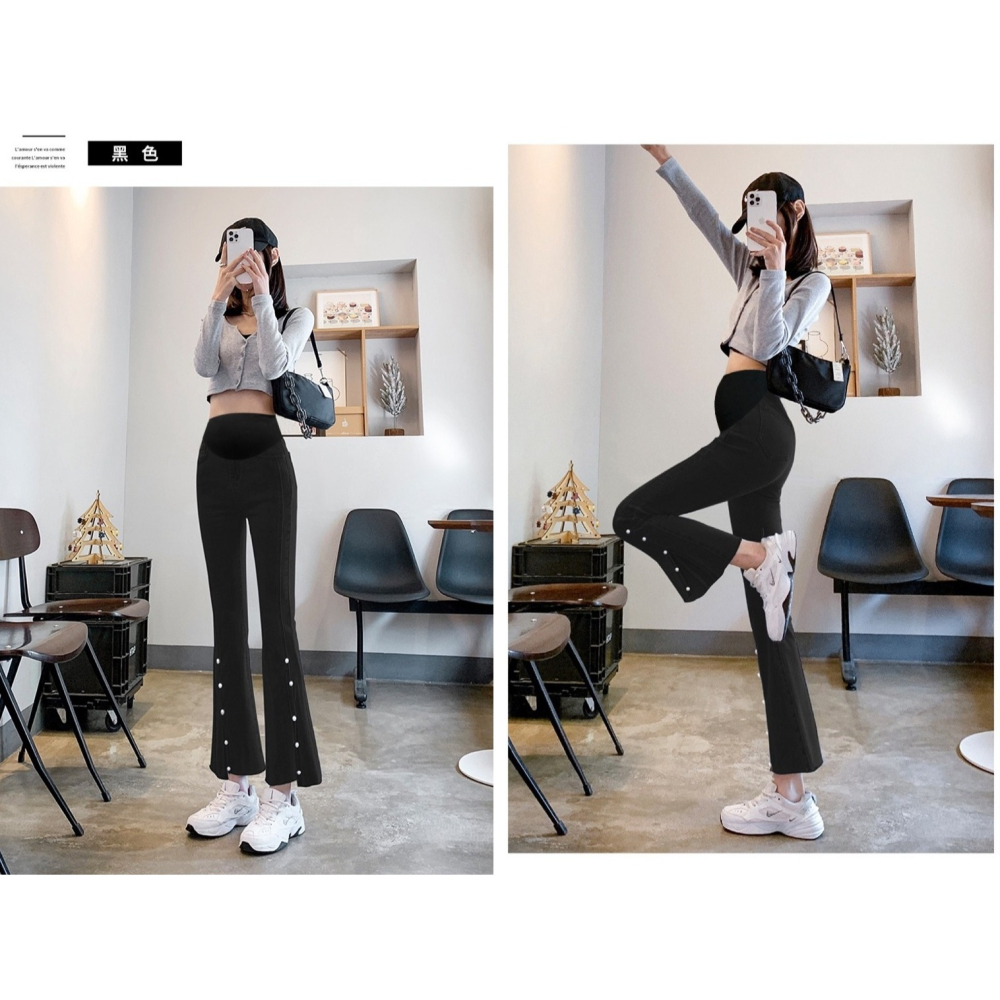 時尚孕媽咪 托腹打底九分褲 開叉喇叭褲 2色-細節圖9