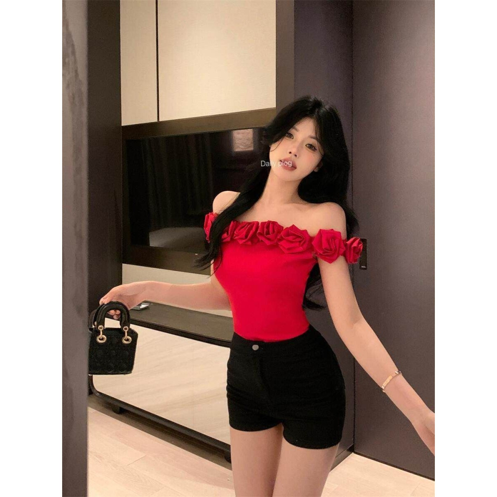 一字肩 花朵抹胸上衣 短款打底衫 2色-細節圖3