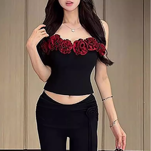 一字肩 花朵抹胸上衣 短款打底衫 2色-細節圖5