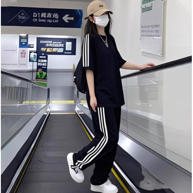 大碼 寬鬆休閒 三條紋運動套裝-細節圖2