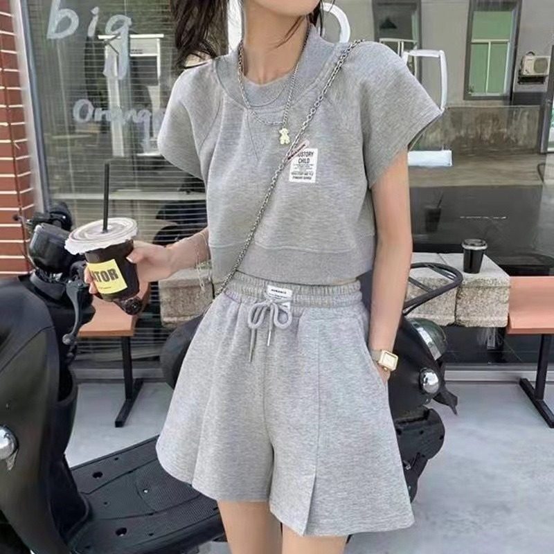 韓版 簡約休閒風 短款上衣+闊腿短褲 兩件套 3色-細節圖3