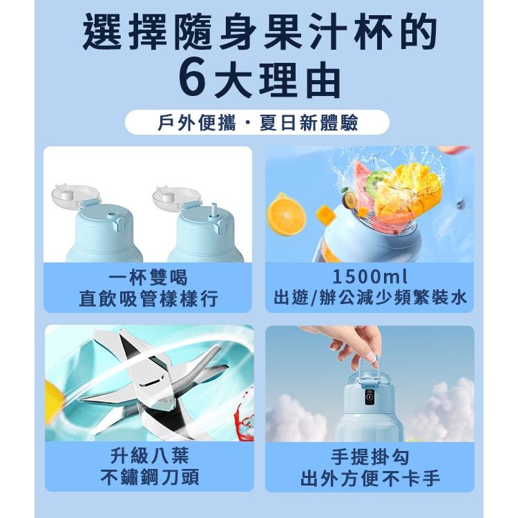 墩墩桶 大容量1.5L 隨行果汁杯 榨汁機 附吸管-細節圖3