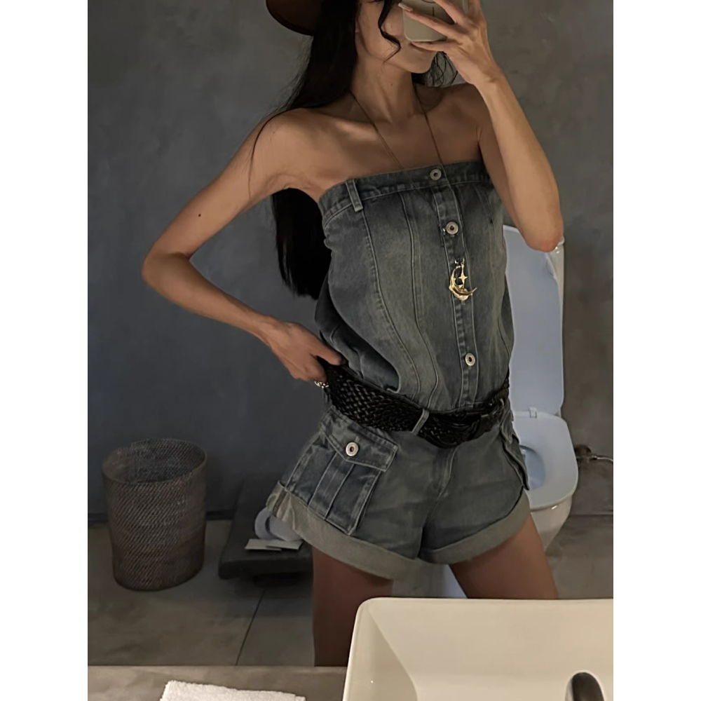 美式辣妹 牛仔連身褲-細節圖2