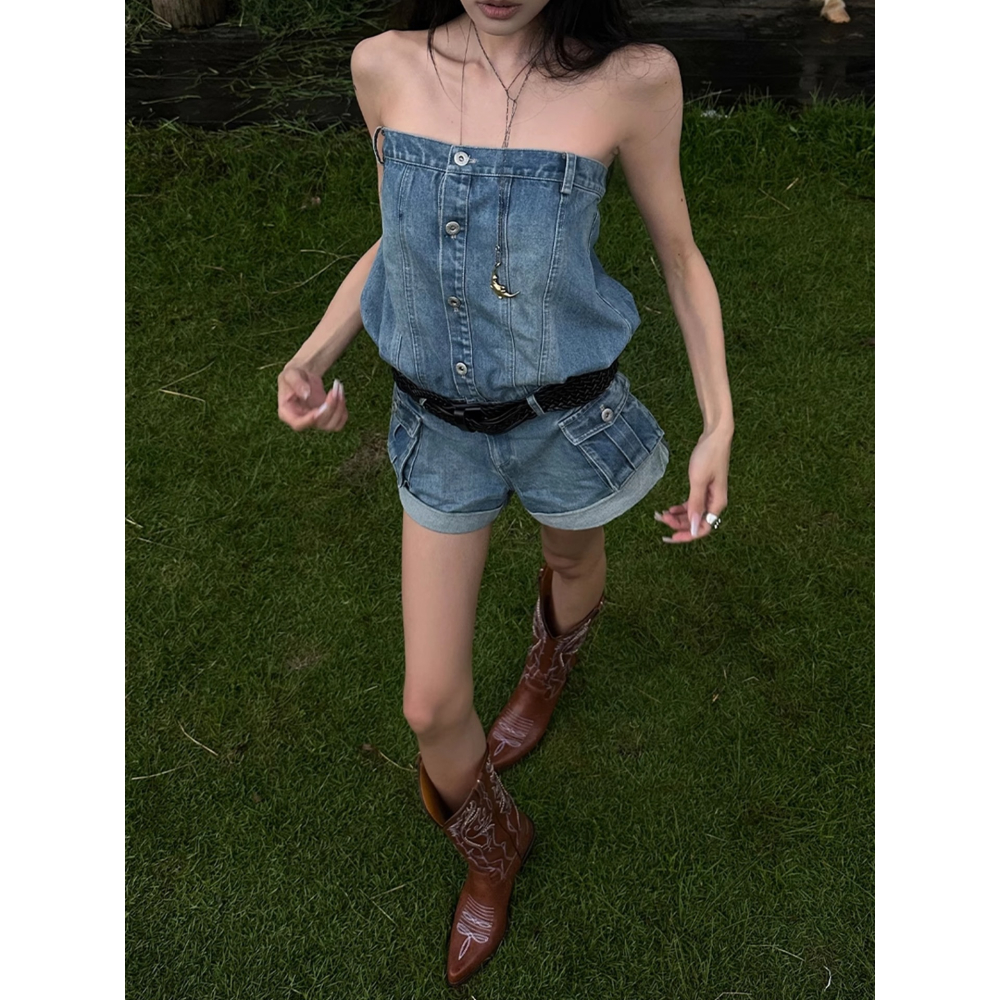 美式辣妹 牛仔連身褲-細節圖3