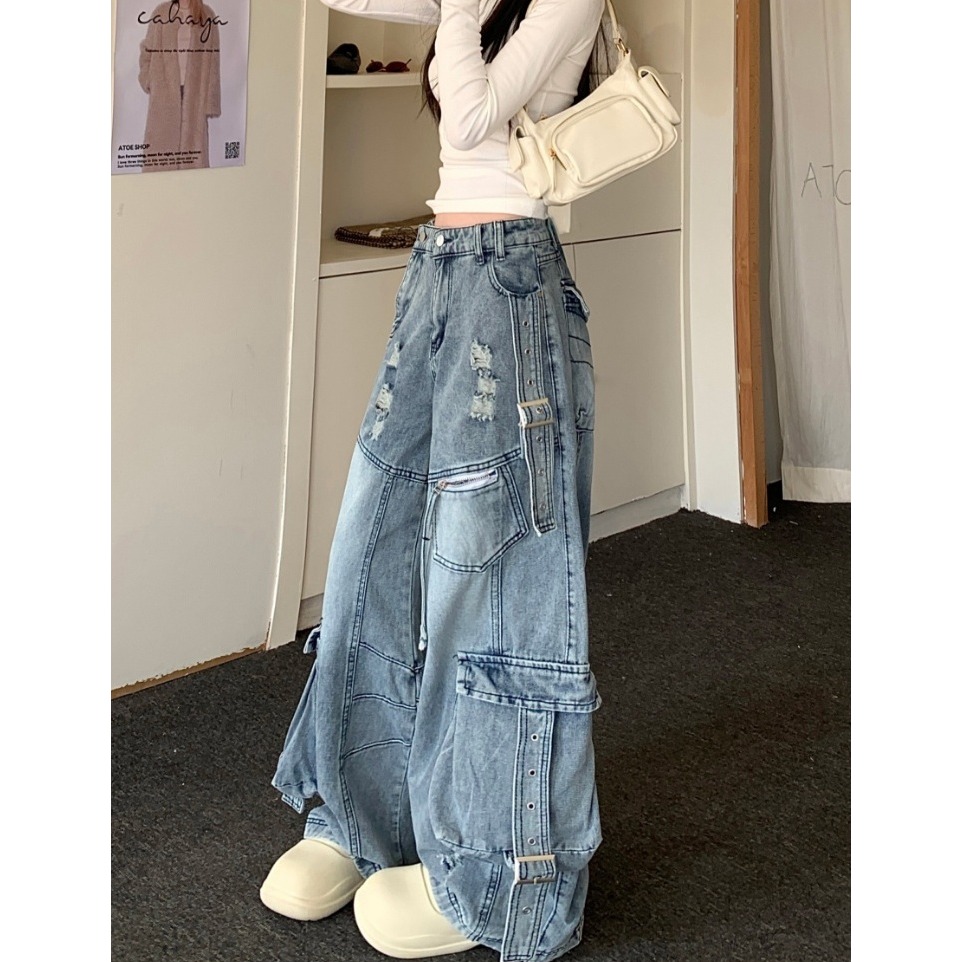 美式街頭風 多口袋工裝褲 闊腿牛仔褲 2色-細節圖2