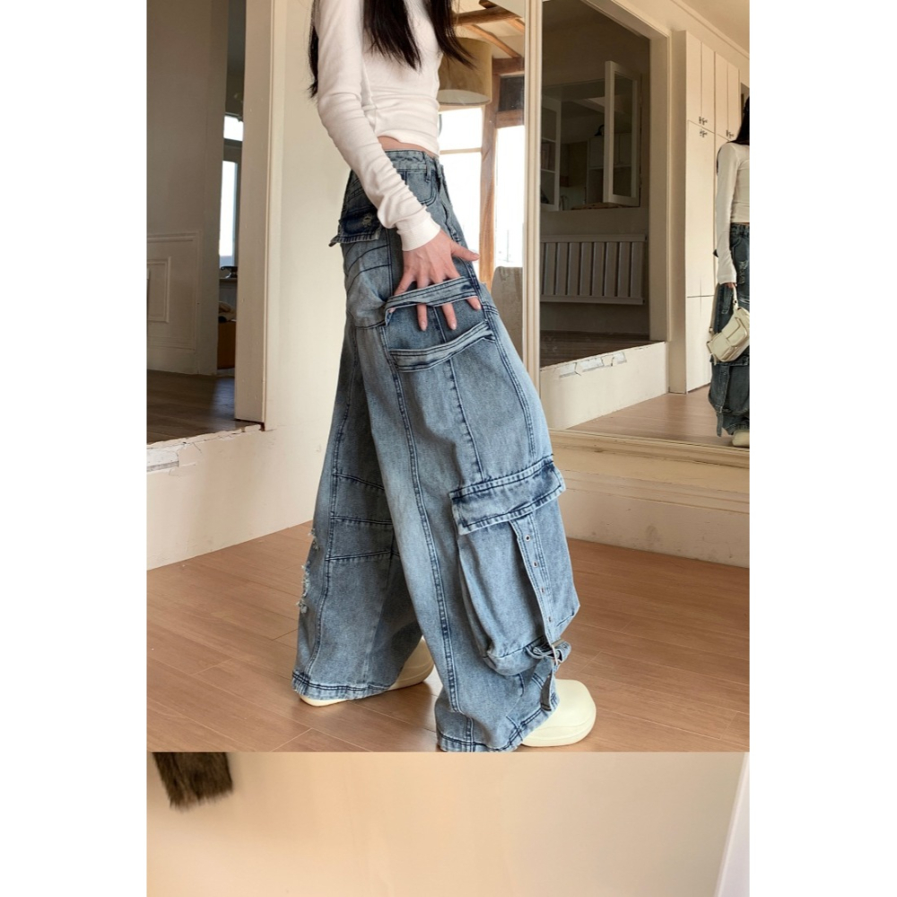 美式街頭風 多口袋工裝褲 闊腿牛仔褲 2色-細節圖3