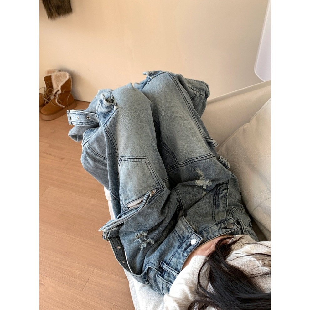 美式街頭風 多口袋工裝褲 闊腿牛仔褲 2色-細節圖4