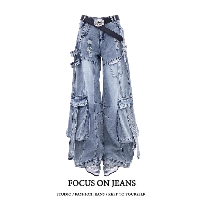 美式街頭風 多口袋工裝褲 闊腿牛仔褲 2色-細節圖5