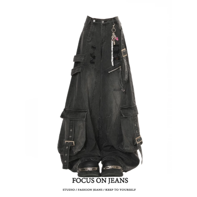 美式街頭風 多口袋工裝褲 闊腿牛仔褲 2色-細節圖6