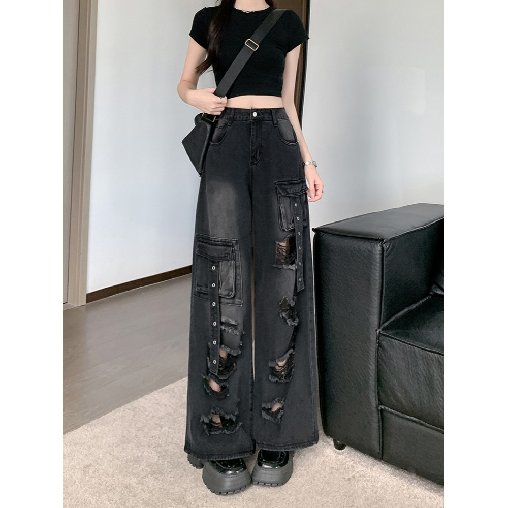 復古工裝風 刷破牛仔褲 高腰顯瘦直筒長褲 2色-細節圖2