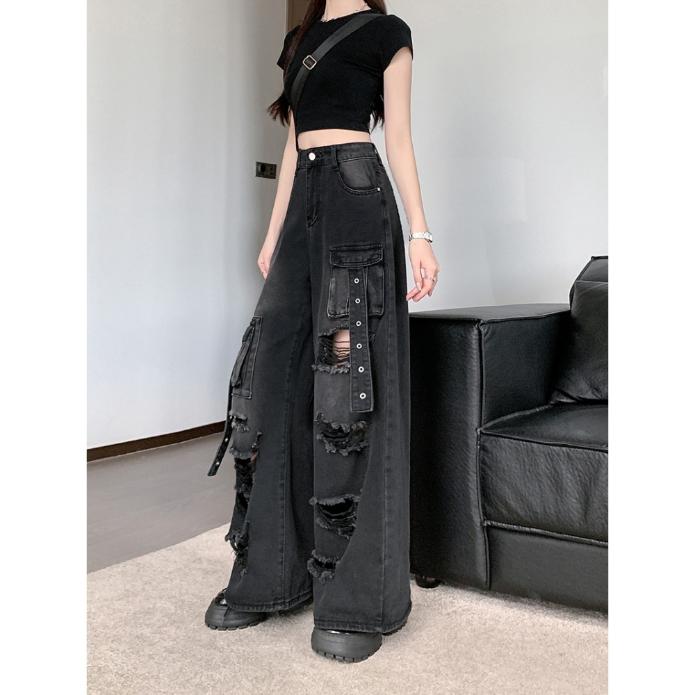 復古工裝風 刷破牛仔褲 高腰顯瘦直筒長褲 2色-細節圖3