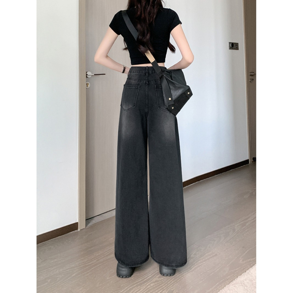 復古工裝風 刷破牛仔褲 高腰顯瘦直筒長褲 2色-細節圖4