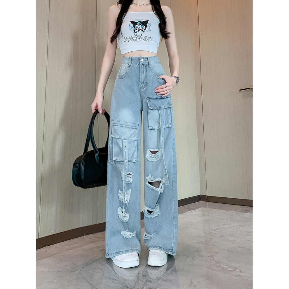 復古工裝風 刷破牛仔褲 高腰顯瘦直筒長褲 2色-細節圖5