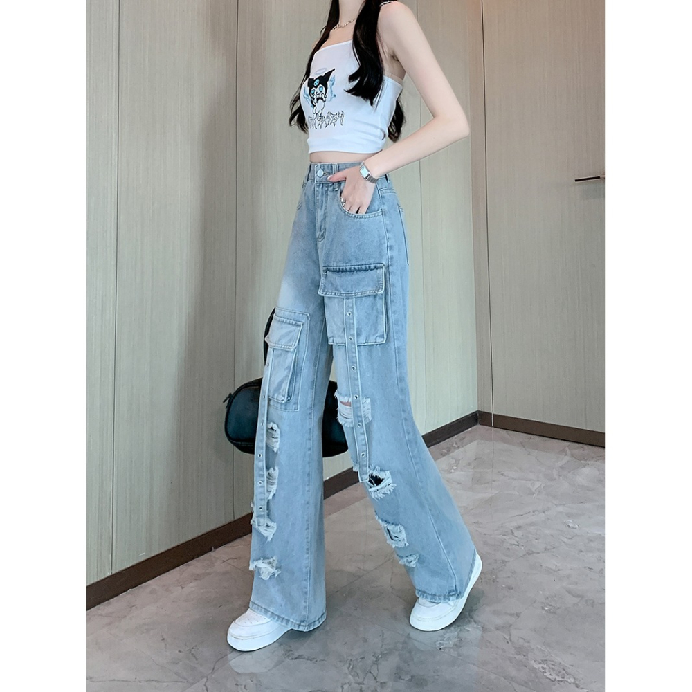 復古工裝風 刷破牛仔褲 高腰顯瘦直筒長褲 2色-細節圖6