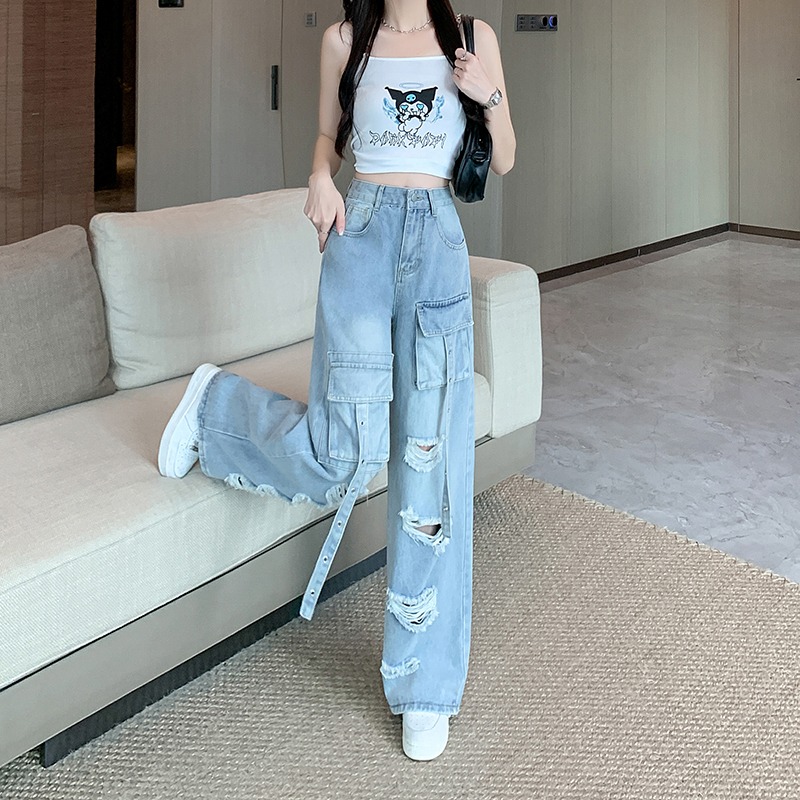 復古工裝風 刷破牛仔褲 高腰顯瘦直筒長褲 2色-細節圖7