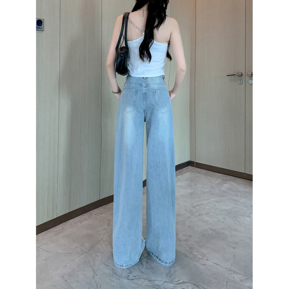 復古工裝風 刷破牛仔褲 高腰顯瘦直筒長褲 2色-細節圖8