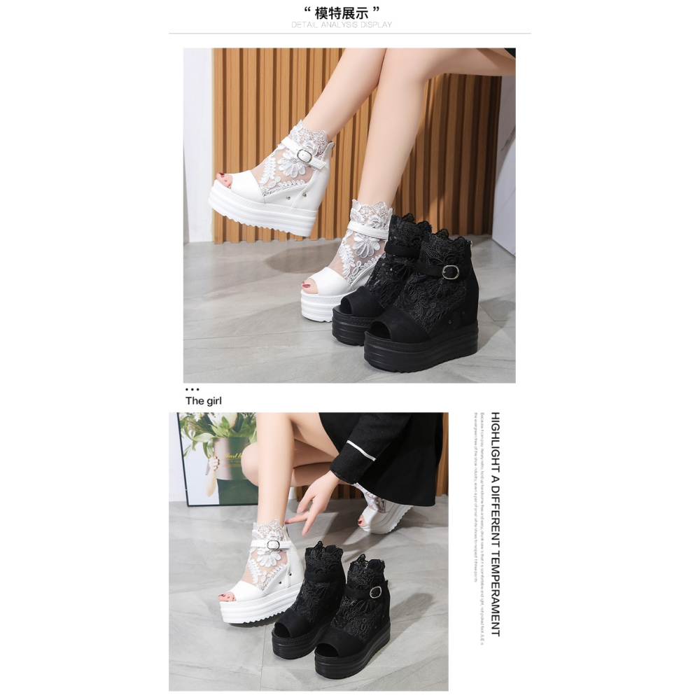 厚底內增高 蕾絲坡跟涼鞋 羅馬鞋 2色-細節圖2