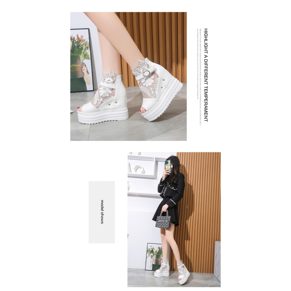 厚底內增高 蕾絲坡跟涼鞋 羅馬鞋 2色-細節圖5