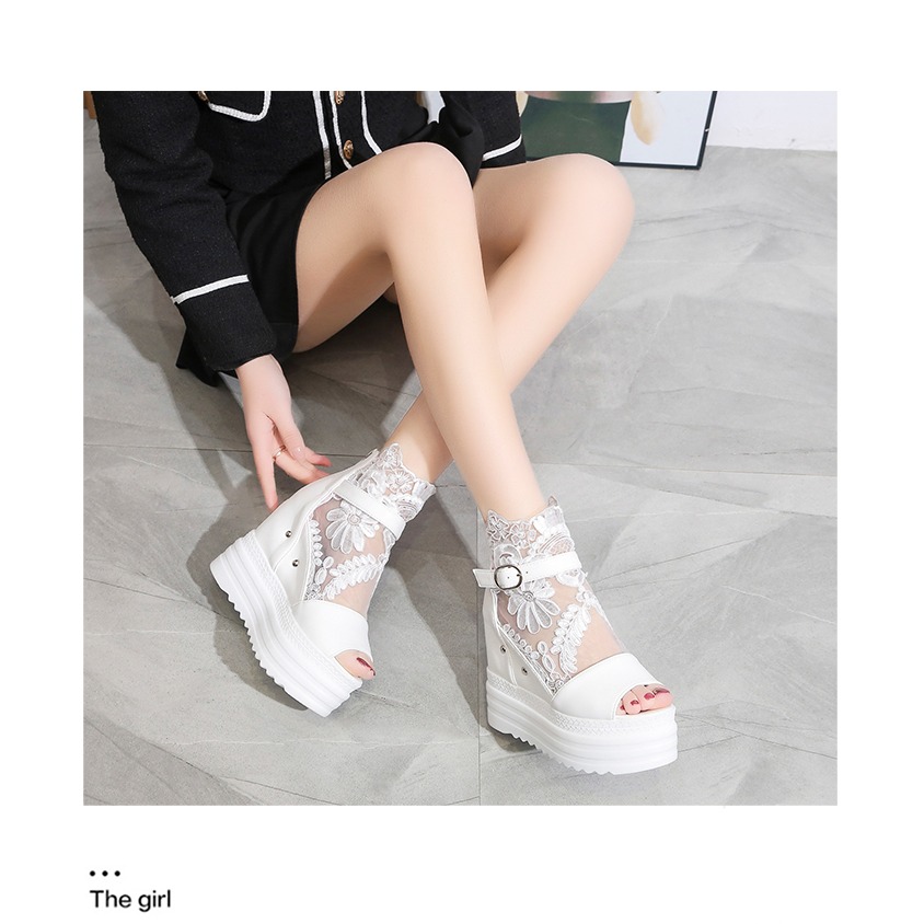 厚底內增高 蕾絲坡跟涼鞋 羅馬鞋 2色-細節圖7