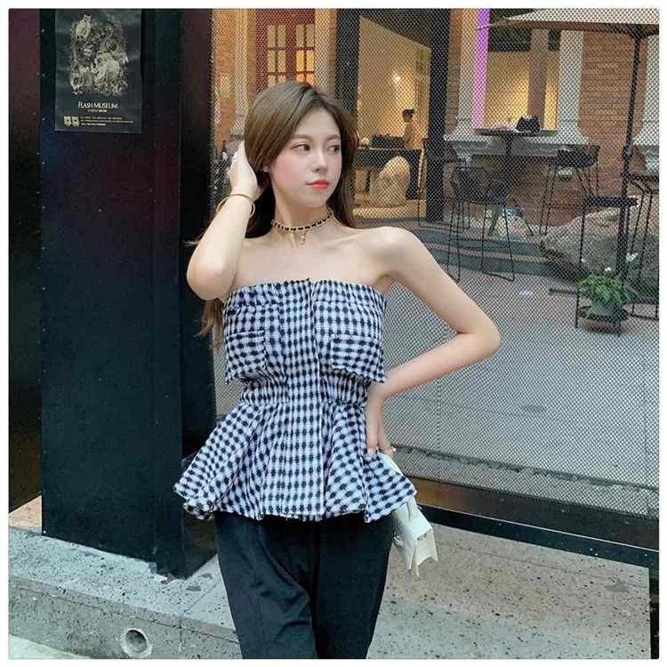 防走光 格紋一字肩背心 抹胸上衣-細節圖3