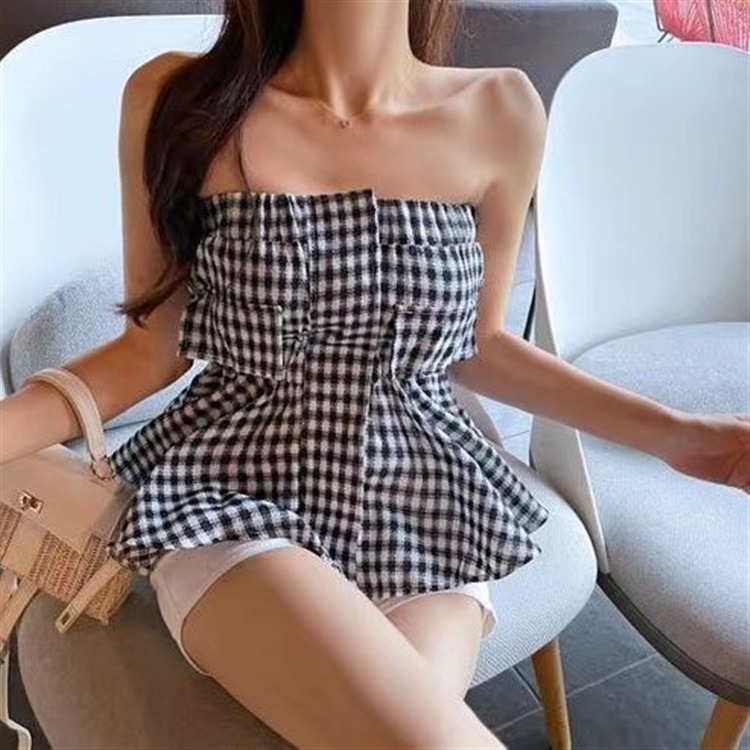 防走光 格紋一字肩背心 抹胸上衣-細節圖4