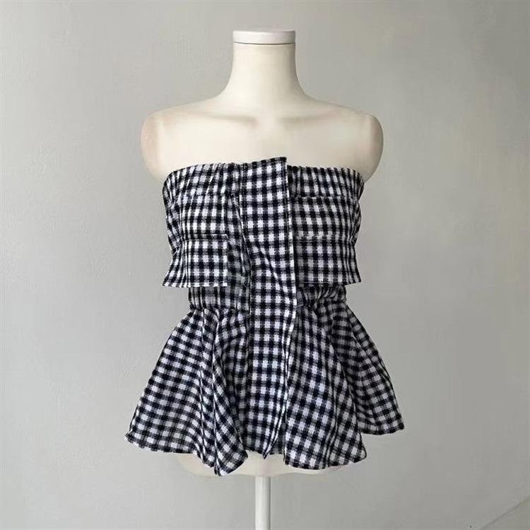 防走光 格紋一字肩背心 抹胸上衣-細節圖5