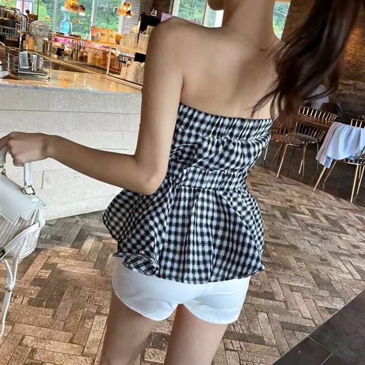 防走光 格紋一字肩背心 抹胸上衣-細節圖6