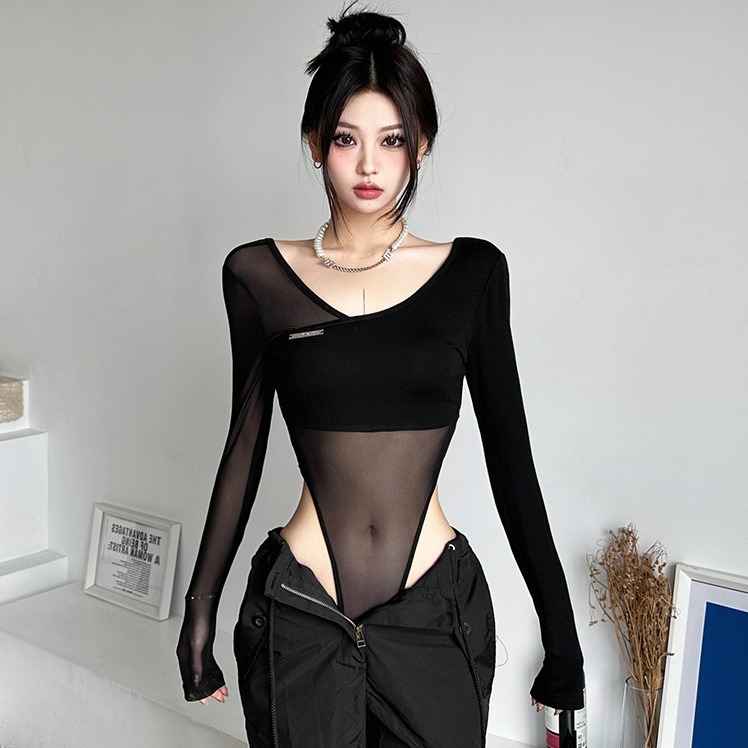 歐美風 性感網紗透視 拼接長袖 打底連身衣-細節圖2