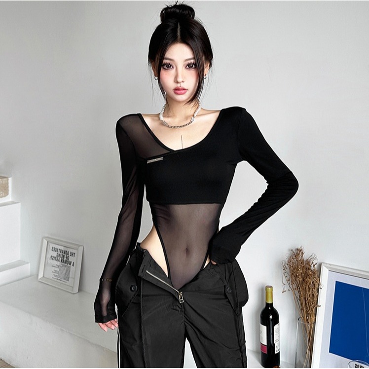 歐美風 性感網紗透視 拼接長袖 打底連身衣-細節圖3