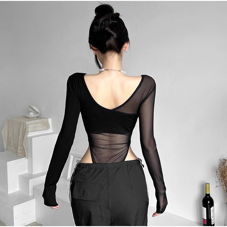 歐美風 性感網紗透視 拼接長袖 打底連身衣-細節圖5