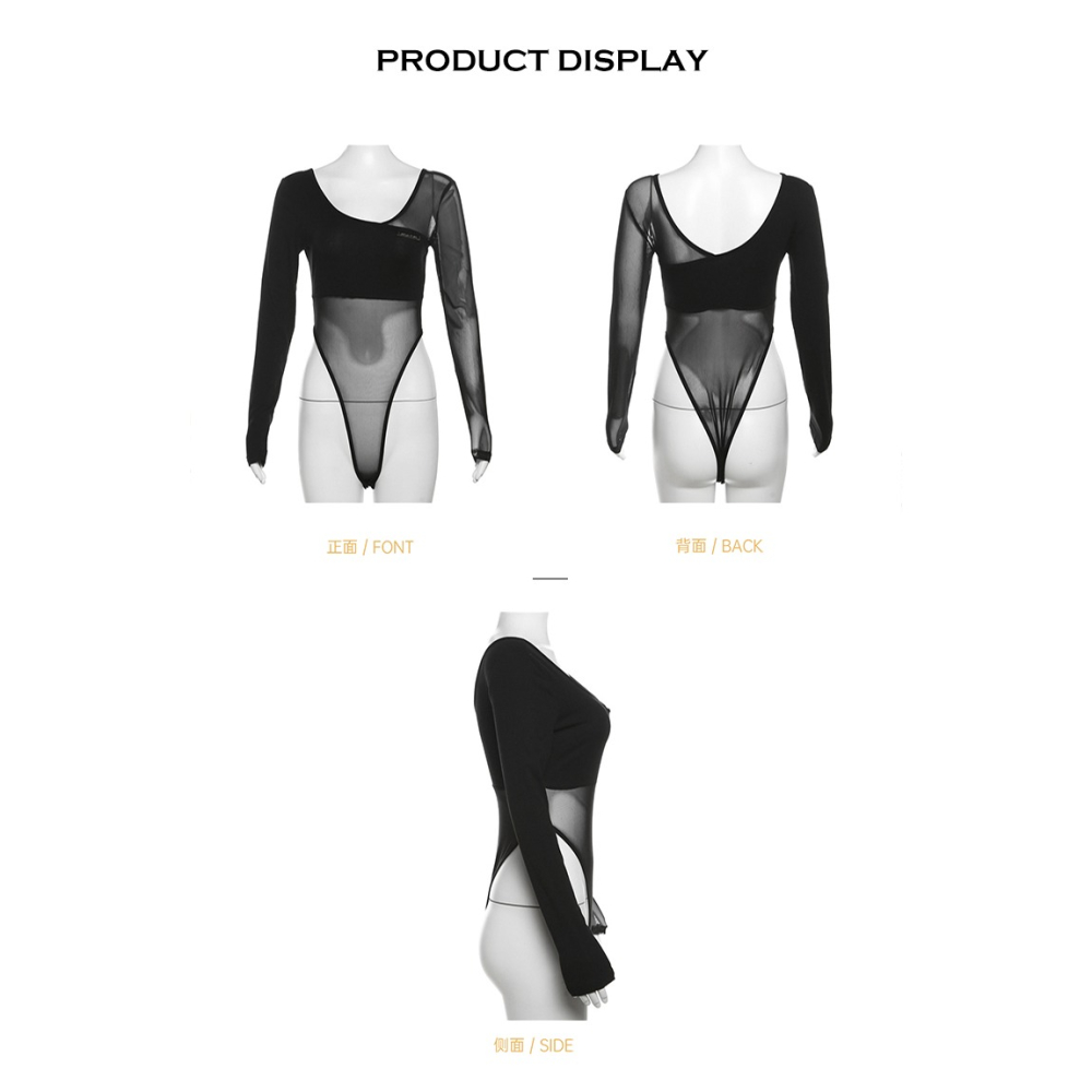 歐美風 性感網紗透視 拼接長袖 打底連身衣-細節圖6