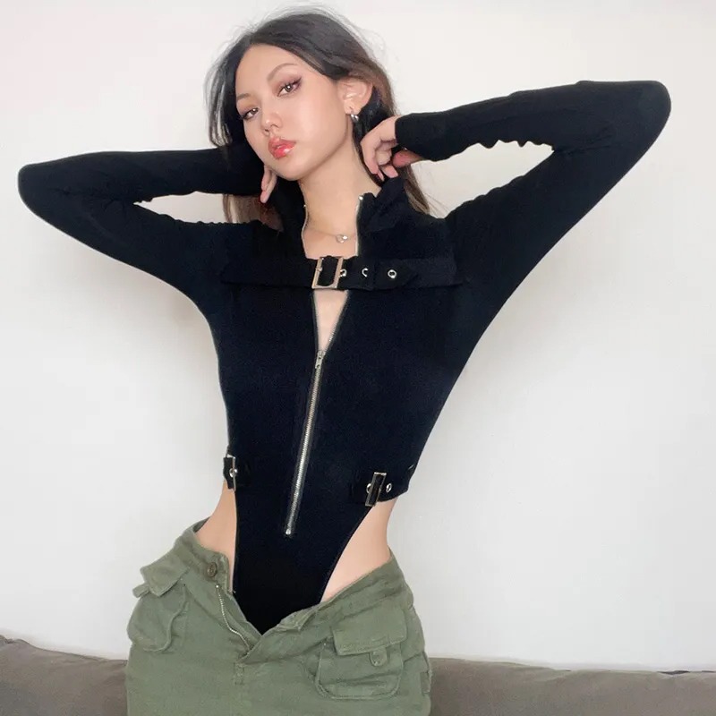 機能風 金屬扣拉鍊連身衣 長袖開襟連體衣-細節圖2