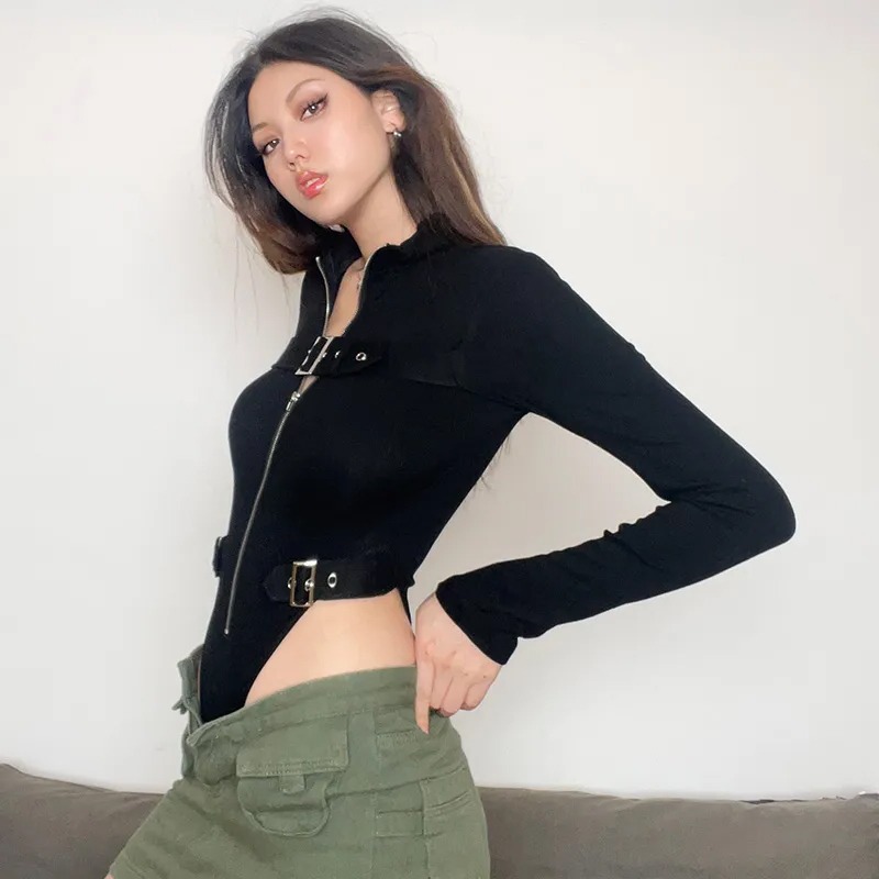 機能風 金屬扣拉鍊連身衣 長袖開襟連體衣-細節圖3