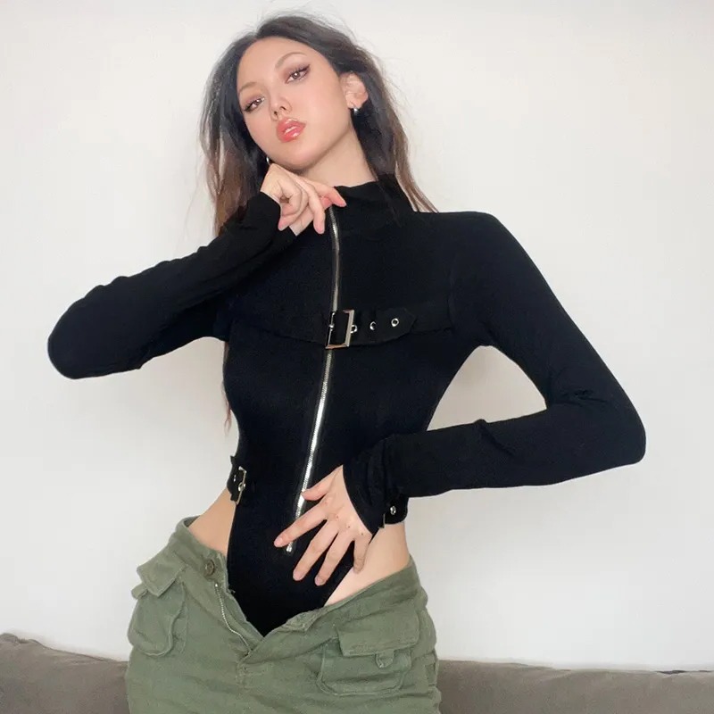 機能風 金屬扣拉鍊連身衣 長袖開襟連體衣-細節圖4