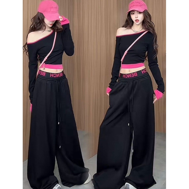 撞色街頭感 撞色斜肩長袖上衣+高腰闊腿褲 2色-細節圖4