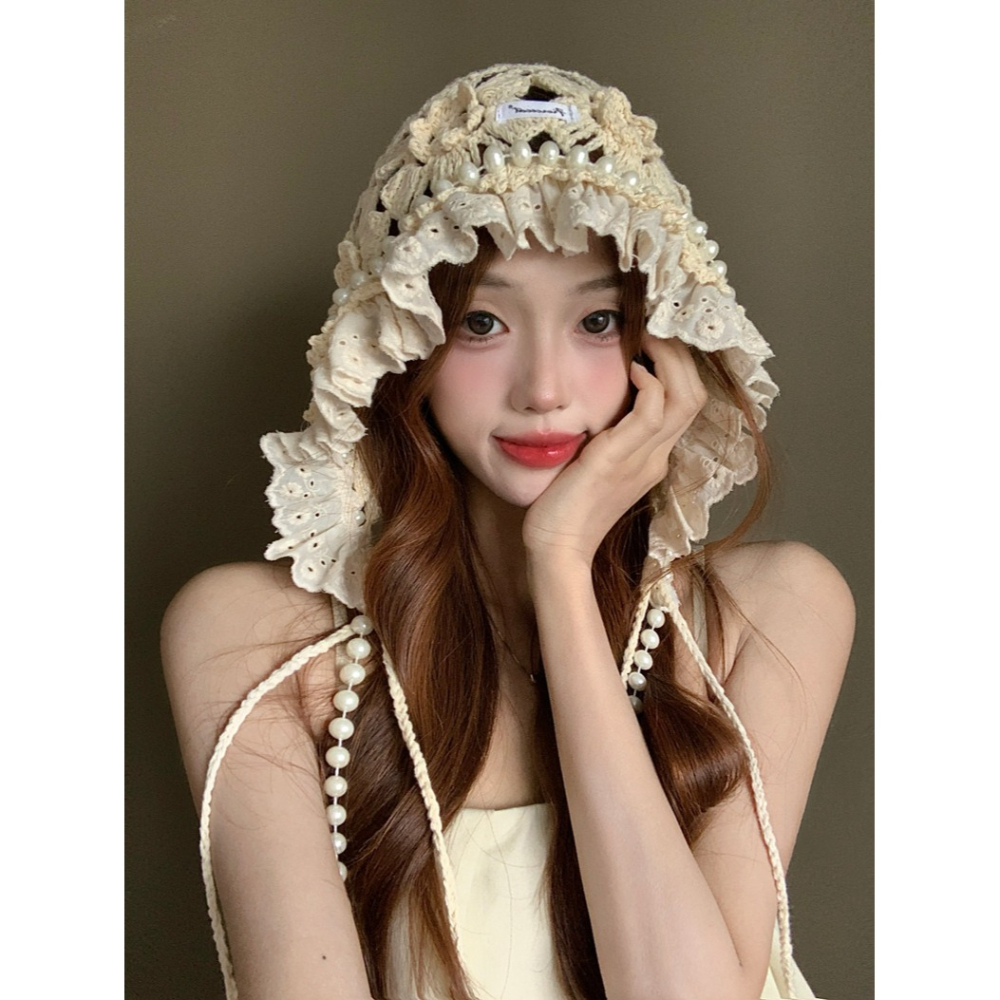 日系甜美 珍珠鏤空 花朵針織帽 包頭帽 2色-細節圖2
