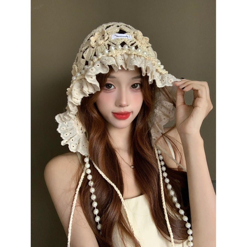 日系甜美 珍珠鏤空 花朵針織帽 包頭帽 2色-細節圖3