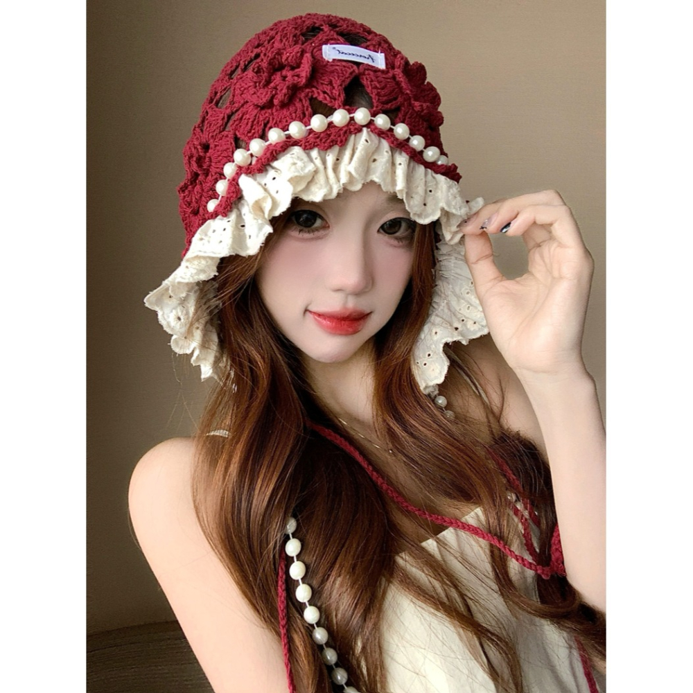 日系甜美 珍珠鏤空 花朵針織帽 包頭帽 2色-細節圖4
