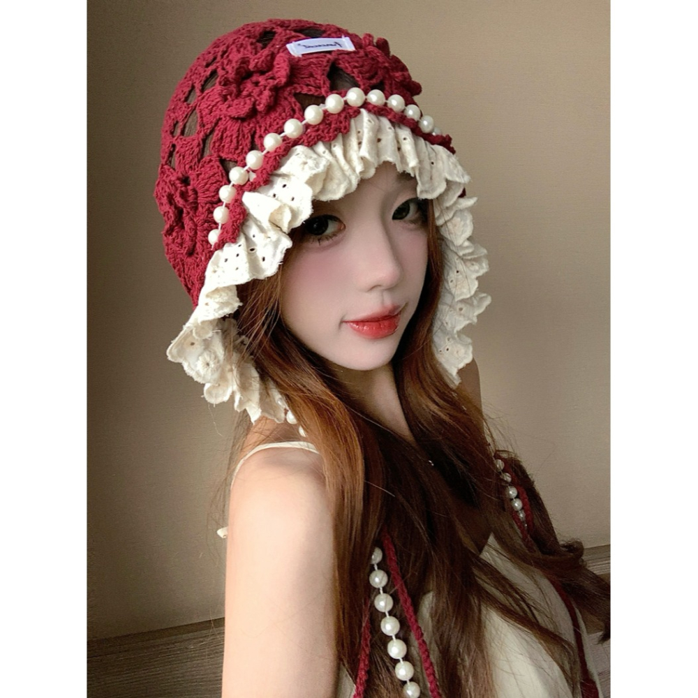 日系甜美 珍珠鏤空 花朵針織帽 包頭帽 2色-細節圖5