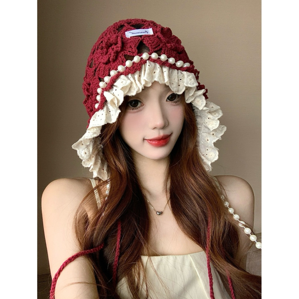 日系甜美 珍珠鏤空 花朵針織帽 包頭帽 2色-細節圖6