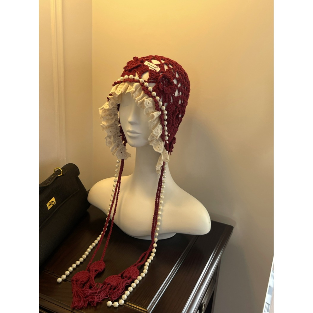 日系甜美 珍珠鏤空 花朵針織帽 包頭帽 2色-細節圖8