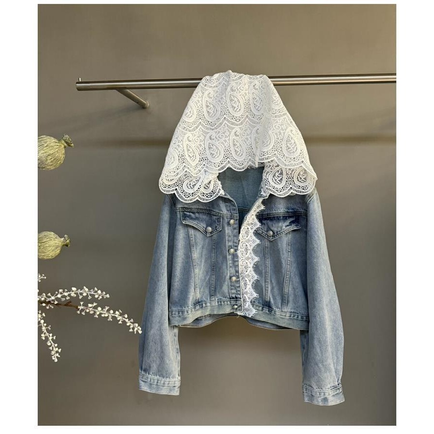 小香風 蕾絲連帽牛仔短外套-細節圖2